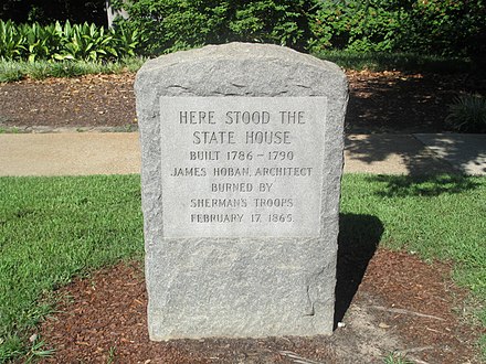 Monument marking site of original South Carolina State House, designed and built from 1786 to 1790 by James Hoban. It was burned by the Union Army in 1865.