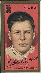 Mordecai "Three Finger" Brown Mordecai Brown, Chicago Cubs, baseball card portrait LCCN2008677458.jpg