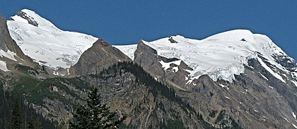 Mt. Mummery's 3328-metre summit left, 3320-metre summit right