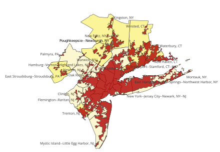 Urban areas within the New York City combined statistical area as of the 2020 census. .mw-parser-output .legend{page-break-inside:avoid;break-inside:avoid-column}.mw-parser-output .legend-color{display:inline-block;min-width:1.25em;height:1.25em;line-height:1.25;margin:1px 0;text-align:center;border:1px solid black;background-color:transparent;color:black}.mw-parser-output .legend-text{}  Urban areas   Counties in the New York MSA   Counties in the New York CSA but not the MSA