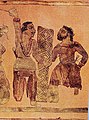 Юэчжи (слева) сражается с согдийцем за щитом (справа), ковёр Ноин-Ула, I век до н. э./н. э.[49]
