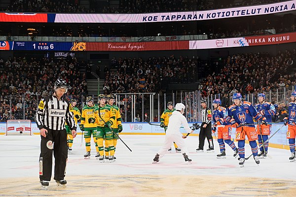 The match between Ilves (yellow and green) and Tappara (blue and orange) on December 3, 2021 at Nokia Arena in Tampere, Finland