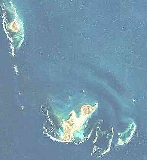 NASA Landsat image of the Wallabi Islands.  East Wallabi in the middle of the picture.