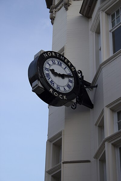 The clock outside this branch, on Northumberland Street, Newcastle upon Tyne, is emblazoned with the bank's name and has become a popular image in pri