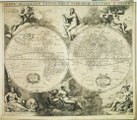 Karta amb dos hemisferis. DeAtlas of werelts-water-deel en desselfs zee-custen (1663) de Jacob Aertsz Colom.