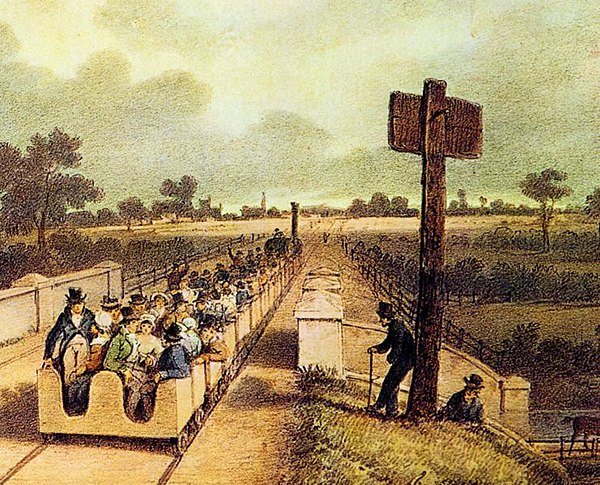 A painting of the inaugural journey of the Liverpool and Manchester Railway, by A. B. Clayton