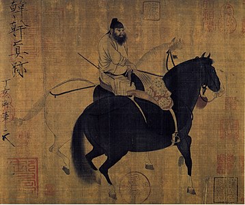 Deux chevaux et palefrenier. Chine, copie Song d'après Han Gan, actif vers 740-760, dynastie Tang. Encre et couleurs sur soie, 27,5 × 34,1 cm. Taipei, musée national du Palais[6].