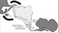 Image 19Paleogeography of the Late Cretaceous South America. Areas subject to the Andean orogeny are shown in light grey while the stable cratons are shown as grey squares. The sedimentary formations of Los Alamitos and La Colonia that formed in the Late Cretaceous are indicated. (from Andean orogeny)
