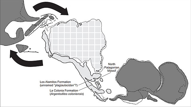 Paleogeography of the Late Cretaceous South America. Areas subject to the Andean orogeny are shown in light grey while the stable cratons are shown as