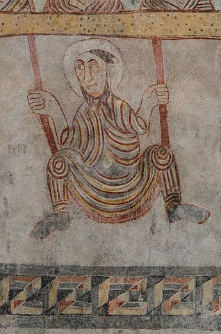 Saint Proculus, supposed to be escaping from Verona on a kind of swing, romanesque frescoe, 7th (to 9th) century, southern wall. Noteworthy is the grip of the hands, they are in front of the rope.