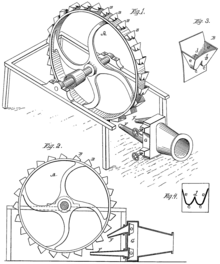 Figure from Pelton's original patent (October 1880) Pelton wheel (patent).png