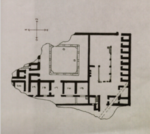 Floor plan of the villa. The cubicula where the frescoes were originally located are labeled. Plan of the Villa at Boscotrecase.png