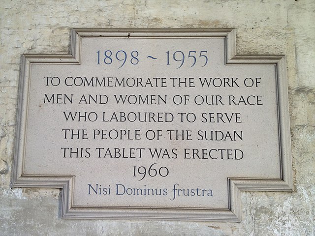 Plaque in the Cloisters of Westminster Abbey, London, to commemorate the British in Anglo-Egyptian Sudan 1898–1955. The abbreviated Latin motto is fro