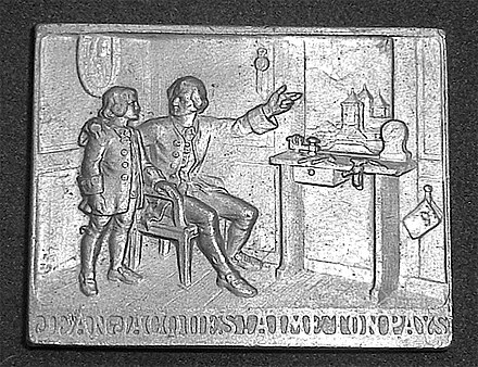 Bicentenary of Rousseau's birth (plaque), Geneva, 28 June 1912, Jean-Jacques, aime ton pays [love your country], showing Rousseau's father gesturing towards the window. The scene is drawn from a footnote to the Letter to d'Alembert where Rousseau recalls witnessing the popular celebrations following the exercises of the St Gervais regiment.