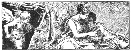 Ilustracja — obejmująca się para, obok przyglądający się jej Kupidyn.