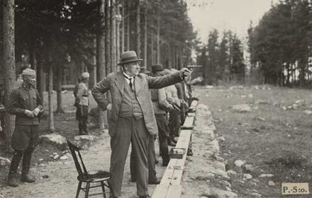 P. E. Svinhufvud, the third President of the Republic of Finland, shooting at shooting range of Kuopio in 1934.