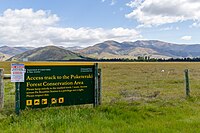 Puketeraki Forest Conservation Area sign, Canterbury, New Zealand.jpg