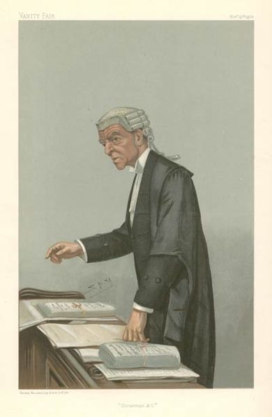 A 1903 caricature of King's Counsel Robert McCall wearing his court robes at the Bar of England and Wales. For court, he wears a short wig, in additio