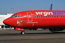 Virgin Blue's "Rabbitohs" Boeing 737 'Bondi Babe' at Sydney Airport Rabbitohs737.JPG