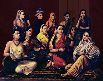 Indian women dressed in regional attire playing a variety of musical instruments popular in different parts of India Raja Ravi Varma, Galaxy of Musicians.jpg