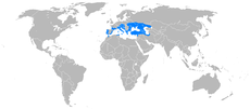 Rozšíření želvy bahenní je na mapě modře.