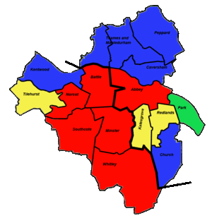 Map of the results of the 2010 Reading Borough Council election. Labour in red, Liberal Democrats in yellow, Conservatives in blue and the Greens in green. Reading Borough Council 2010 Electoral Make-up.gif