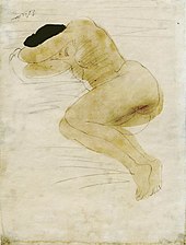 Pencil and watercolor depiction of a nude reclining woman.