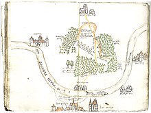 Die Orte am Main auf einer Karte um 1581, ganz unten: die Doppeltürme der Münsterschwarzacher Klosterkirche