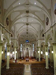 Church interior with Lenten decoration Saint John the Evangelist (Delphos, Ohio), nave, decorated for Lent, view from the organ loft.jpg