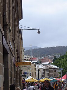 Many of the sandstone warehouses from the 1840s survive to the present SalamancaMarkets.JPG