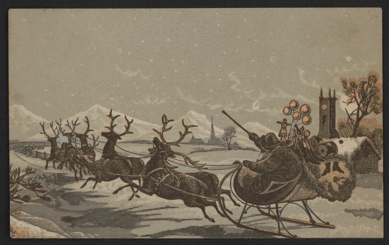 File:Santa with toys in a sleigh, drawn by reindeer, with a church on the right and another in the distance LCCN2015651615.tif