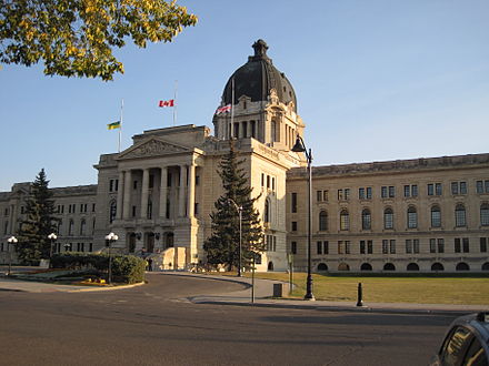 The Saskatchewan Legislative Building in 2012. The building's centenary was marked by Charles, Prince of Wales, and Camilla, Duchess of Cornwall, as part of their Canadian royal tour earlier that year.