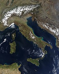 Satellite image of the Apennine Peninsula.