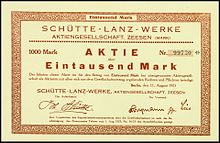 Aktie über 1000 Mark der Schütte-Lanz-Werke AG in Zeesen vom 11. August 1923