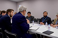 Prakash Javadekar meeting with US Secretary of State John Kerry at COP21 in Paris. Secretary Kerry Meets With India's Environment Minister Javadekar at COP21 in Paris (23651621445).jpg