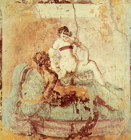 Wall painting from Pompeii depicting the "woman riding" position, a favorite in Roman art: even in explicit sex scenes, the woman's breasts are often covered.