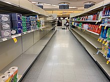 Another supermarket in Regina, in which most cleaning supplies have been bought as a result of panic buying. Shelves void of cleaning supplies in a Canadian supermarket.jpg