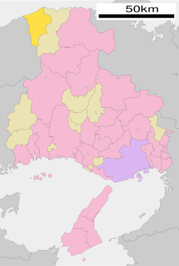 Shinonsens läge i Hyōgo prefektur Städer:      Signifikanta städer      Övriga städer Landskommuner:      Köpingar      Byar