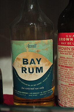 At 58% alcohol by volume and despite "for external use only" indications, Rexall Bay Rum was one way to duck the restrictions on alcohol during the era of Prohibition in the United States (this particular bottle is not from the prohibition era -- it dates from the 1950s or early 1960s) SitH - Rexall Bay Rum.jpg