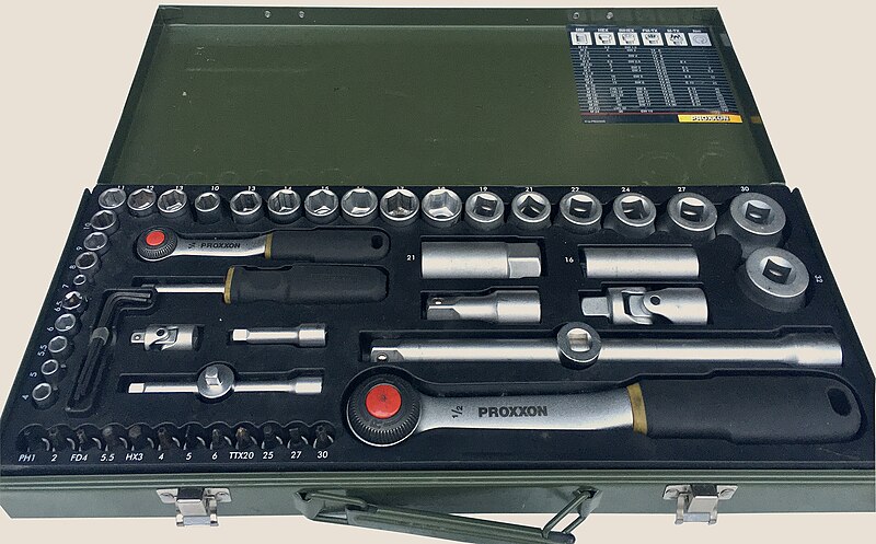 File:Socket set with two ratchets in metal box.jpeg