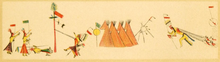 A drawing of a Lakota sun dance from 1918 Soldans. Tegnet af lakota og soldansdeltager Jaw.png