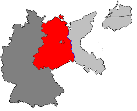 On the basis of the Potsdam Conference, the Allies jointly occupied Germany west of the Oder–Neisse line, later forming these occupied territories into two independent countries. Light grey: territories annexed by Poland and the Soviet Union; dark grey: West Germany (formed from the US, UK and French occupation zones, including West Berlin); red: East Germany (formed from the Soviet occupation zone, including East Berlin).