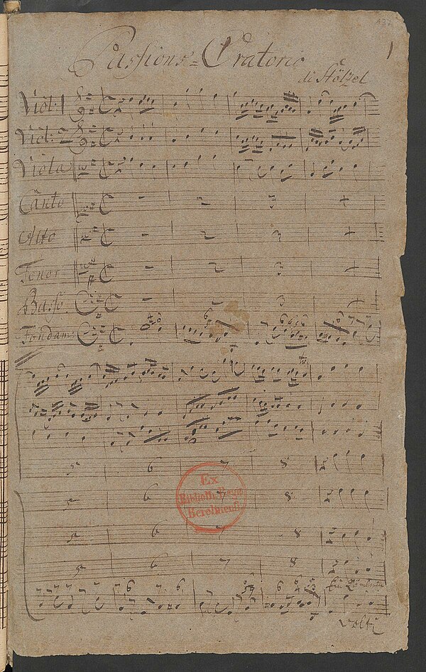 First page of a manuscript copy from around 1750 of Gottfried Heinrich Stölzel's Ein Lämmlein geht und trägt die Schuld Passion oratorio (1720)