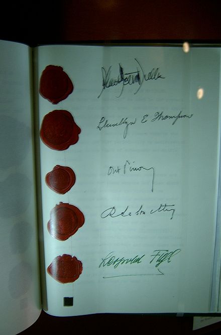 Austrian State Treaty with signatures of Dulles, Thompson, Pinay, Lalouette, and Leopold Figl, foreign minister of Austria