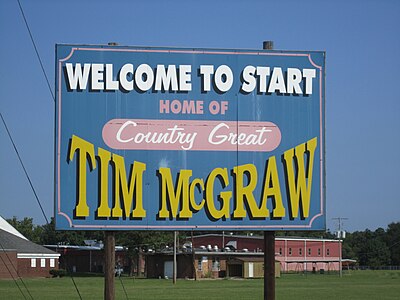 Start, Louisiana, welcome sign notes that McGraw once resided there.