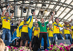 Sweden national under-21 football team celebrating in June 2015, after winning the 2015 UEFA European Under-21 Championship. Sweden national under-21 football team celebrates in June 2015-2.jpg