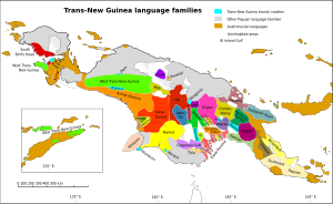 The language families in Ross's conception of the Trans-New Guinea language family. The affiliation of some Eastern branches is not universally accepted. TNG map.svg