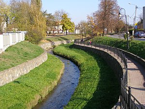Potok w Tarnowie na odcinku uregulowanym na początku XXI wieku.