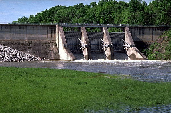 The main concrete gravity structure for Tellico Dam, pictured here in 2013.