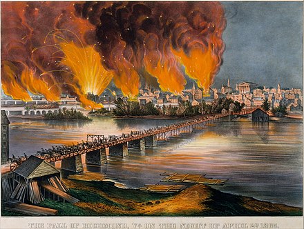Colored lithograph of the fall of Richmond by Currier and Ives (c. 1865)